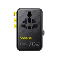   Baseus EnerCore CG11 világutazó adapter / nemzetközi hálózati adapter 70W, 1×AC + 2×USB-A + 1×USB-C + 1×USB-C automata behúzós kábel, fekete (US / UK)
