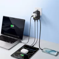   Baseus EnerCore CG11 világutazó adapter / nemzetközi hálózati adapter 70W, 1×AC + 2×USB-A + 1×USB-C + 1×USB-C automata behúzós kábel, fekete (US / UK)