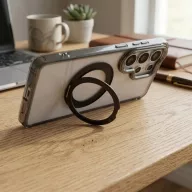   Samsung Galaxy A56 tok, gyűrűs kitámasztóval, kameravédő peremmel, MagSafe, átlátszó-fekete