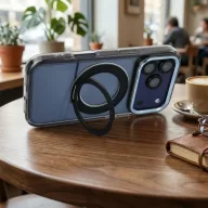   Apple iPhone 13 tok, gyűrűs kitámasztóval, kameravédő peremmel, MagSafe, átlátszó-fekete