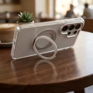   Apple iPhone 14 tok, gyűrűs kitámasztóval, kameravédő peremmel, MagSafe, átlátszó-fekete