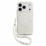   Guess IML Flowers Allover Strap Apple iPhone 18 Pro hátlap tok karpánttal, MagSafe, fehér