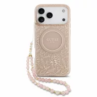   Guess IML Flowers Allover Strap Apple iPhone 18 Pro hátlap tok karpánttal, MagSafe, rózsaszín