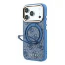 Guess PU 4G Ring Stand Apple iPhone 18 Pro hátlap tok kitámasztóval, MagSafe, kék-arany