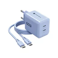   Forcell F-Energy VT-60 2xUSB-C hálózati töltő adapter USB-C kábellel, GaN3, 60W, kék