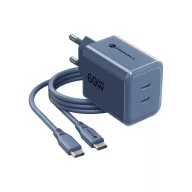   Forcell F-Energy VT-60 2xUSB-C hálózati töltő adapter USB-C kábellel, GaN3, 60W, kék