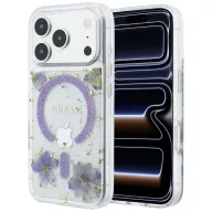   Guess Resin Flowers Glitter Apple iPhone 18 Pro Max / 17 Pro Max tok, MagSafe, csillámos, virág minta, lila