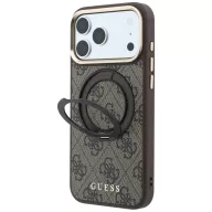   Guess PU 4G Ring Stand Apple iPhone 18 Pro Max / iPhone 17 Pro Max hátlap tok kitámasztóval, MagSafe, barna-arany