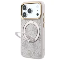   Guess PU 4G Ring Stand Apple iPhone 18 Pro Max / iPhone 17 Pro Max hátlap tok kitámasztóval, MagSafe, fehér-rózsaszín