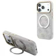   Guess PU 4G Ring Stand Apple iPhone 18 Pro Max / iPhone 17 Pro Max hátlap tok kitámasztóval, MagSafe, fehér-rózsaszín