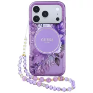   Guess IML Flowers Pearl Strap Apple iPhone 18 Pro Max / 17 Pro Max tok karpánttal, MagSafe, virágminta, lila