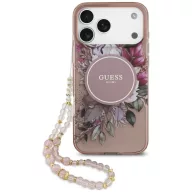   Guess IML Flowers Pearl Strap Apple iPhone 18 Pro Max / 17 Pro Max tok karpánttal, MagSafe, virágminta, rózsaszín
