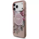 Guess IML Flowers Pearl Strap Apple iPhone 18 Pro Max / 17 Pro Max tok karpánttal, MagSafe, virágminta, rózsaszín
