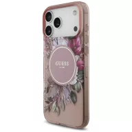   Guess IML Flowers Pearl Strap Apple iPhone 18 Pro Max / 17 Pro Max tok karpánttal, MagSafe, virágminta, rózsaszín