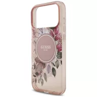   Guess IML Flowers Pearl Strap Apple iPhone 18 Pro Max / 17 Pro Max tok karpánttal, MagSafe, virágminta, rózsaszín