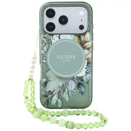   Guess IML Flowers Pearl Strap Apple iPhone 18 Pro Max / 17 Pro Max tok karpánttal, MagSafe, virágminta, zöld