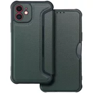   Apple iPhone 15 Plus, Oldalra nyíló tok, légpárnás sarok, bőrhatású, karbon minta, Razor Book, zöld