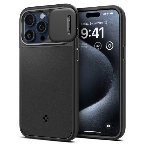 Apple iPhone 15 Pro Max, Szilikon tok, közepesen ütésálló, kamera védelem, Magsafe töltővel kompatibilis, Spigen Optik Armor Mag, fekete