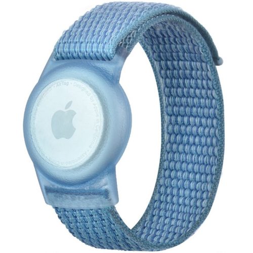 Apple AirTag szilikon tok + textíl pótszíj, nylon, állítható, csuklóra rögzíthető, TP Nylon, kék