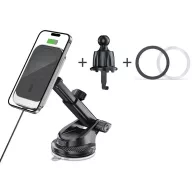   Autós tartó, univerzális, szélvédőre vagy szellőzőre vagy műszerfalra rögzíthető, 360°-ban forgatható, mágneses, Magsafe kompatibilis, Magsafe gyűrűvel, Qi vezeték nélküli töltővel, 15W, TP MM15W-V9 Magnetic Magsafe, fekete