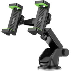   Autós tartó, Univerzális, szélvédőre vagy műszerfalra rögzíthető, 60 - 90 mm széles készülékig, tapadókorongos, 360°-ban forgatható, 2 db telefontartóval, XO C117 , fekete