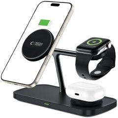   Univerzális vezeték nélküli töltő állomás 3in1, Qi Wireless, 15W, asztali tartó, mágneses, Magsafe kompatibilis eszközökhöz, Tech-Protect QI15W-A45, fekete