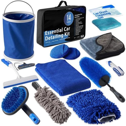 14 részes autó tisztító készlet, külső és belső tisztításhoz, táskával, Wooze Car Cleaner Set, kék