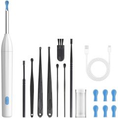   Elektromos fültisztító készlet, otoszkóp, HD mini kamerával, Wifi-s, LED világítással, Wooze Visual Ear Cleaner, fehér