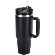   Prémium fémfalú utazó termosz + pohár, 1200 ml, hőtartó, szívószállal, fogantyúval, Tumbler, fekete