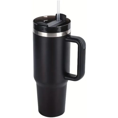 Prémium fémfalú utazó termosz + pohár, 1200 ml, hőtartó, szívószállal, fogantyúval, Tumbler, fekete