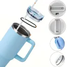 Prémium fémfalú utazó termosz + pohár, 1200 ml, hőtartó, szívószállal, fogantyúval, Tumbler, sötétkék