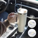 Prémium fémfalú utazó termosz + pohár, 1200 ml, hőtartó, szívószállal, fogantyúval, Tumbler, sötétkék