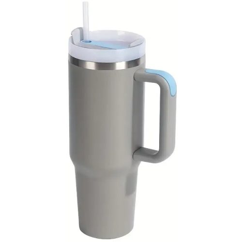 Prémium fémfalú utazó termosz + pohár, 1200 ml, hőtartó, szívószállal, fogantyúval, Tumbler, szürke