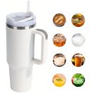 Prémium fémfalú utazó termosz + pohár, 1200 ml, hőtartó, szívószállal, fogantyúval, Tumbler, fehér