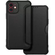   Apple iPhone 17 Pro, Oldalra nyíló tok, légpárnás sarok, bőrhatású, karbon minta, Razor Book, fekete