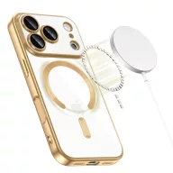   Apple iPhone 17 Pro Max, Műanyag hátlap védőtok + szilikon keret, közepesen ütésálló, Magsafe töltővel kompatibilis, fényes keret, Magflex Magsafe, átlátszó/arany