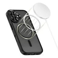   Apple iPhone 17, Műanyag hátlap védőtok + szilikon keret, Magsafe töltővel kompatibilis, kameravédő kerettel, Magcam Magsafe, áttetsző/fekete