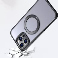   Apple iPhone 17 Pro Max, Műanyag hátlap védőtok + szilikon keret, kitámasztóval, ujjtámasz, Magsafe töltővel kompatibilis, Magring Magsafe, áttetsző/fekete