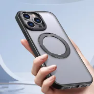   Apple iPhone 17 Pro Max, Műanyag hátlap védőtok + szilikon keret, kitámasztóval, ujjtámasz, Magsafe töltővel kompatibilis, Magring Magsafe, áttetsző/fekete