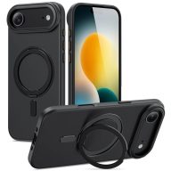   Apple iPhone Air (2025), Műanyag hátlap védőtok + szilikon keret, kitámasztóval, ujjtámasz, Magsafe töltővel kompatibilis, Magring Magsafe, áttetsző/fekete