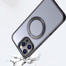 Apple iPhone Air (2025), Műanyag hátlap védőtok + szilikon keret, kitámasztóval, ujjtámasz, Magsafe töltővel kompatibilis, Magring Magsafe, áttetsző/fekete