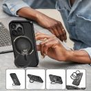 Apple iPhone Air (2025), Műanyag hátlap védőtok + szilikon keret, kitámasztóval, ujjtámasz, Magsafe töltővel kompatibilis, Magring Magsafe, áttetsző/fekete