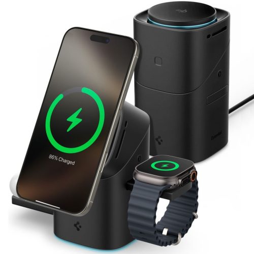 Univerzális vezeték nélküli töltő állomás 3in1, Qi Wireless, 15W, asztali tartó, mágneses, forgatható, Magsafe kompatibilis eszközökhöz, Spigen Essential EF223MS QI2, fekete