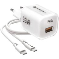   Hálózati töltő adapter, 33W, USB aljzat, USB Type-C aljzat, USB Type-C - USB Type-C kábellel, gyorstöltés, PD, GaN3, QC 4.0, Forcell F-Energy Crystal Colour VT-41, fehér
