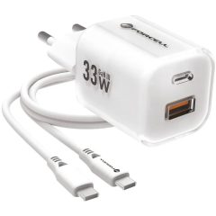   Hálózati töltő adapter, 33W, USB aljzat, USB Type-C aljzat, USB Type-C - USB Type-C kábellel, gyorstöltés, PD, GaN3, QC 4.0, Forcell F-Energy Crystal Colour VT-41, fehér