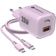  Hálózati töltő adapter, 33W, USB aljzat, USB Type-C aljzat, USB Type-C - USB Type-C kábellel, gyorstöltés, PD, GaN3, QC 4.0, Forcell F-Energy Crystal Colour VT-41, lila