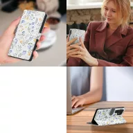   Samsung Galaxy A17 4G / A17 5G SM-A175F / A176B, Oldalra nyíló tok, stand, mágnes csattal, tavaszi virág minta, TP Wallett Spring Flowers, fehér/színes