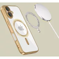   Apple iPhone 16e / 17e, Műanyag hátlap védőtok + szilikon keret, közepesen ütésálló, Magsafe töltővel kompatibilis, fényes keret, Magflex Magsafe, átlátszó/arany