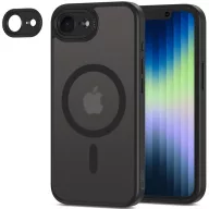   Apple iPhone 16e / 17e, Műanyag hátlap védőtok + szilikon keret, Magsafe töltővel kompatibilis, kameravédő kerettel, Magcam Magsafe, áttetsző/fekete