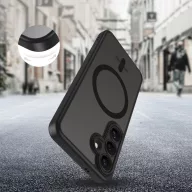   Samsung Galaxy S25 SM-S931, Műanyag hátlap védőtok + szilikon keret, Magsafe töltővel kompatibilis, kameravédő kerettel, Magcam Magsafe, áttetsző/fekete